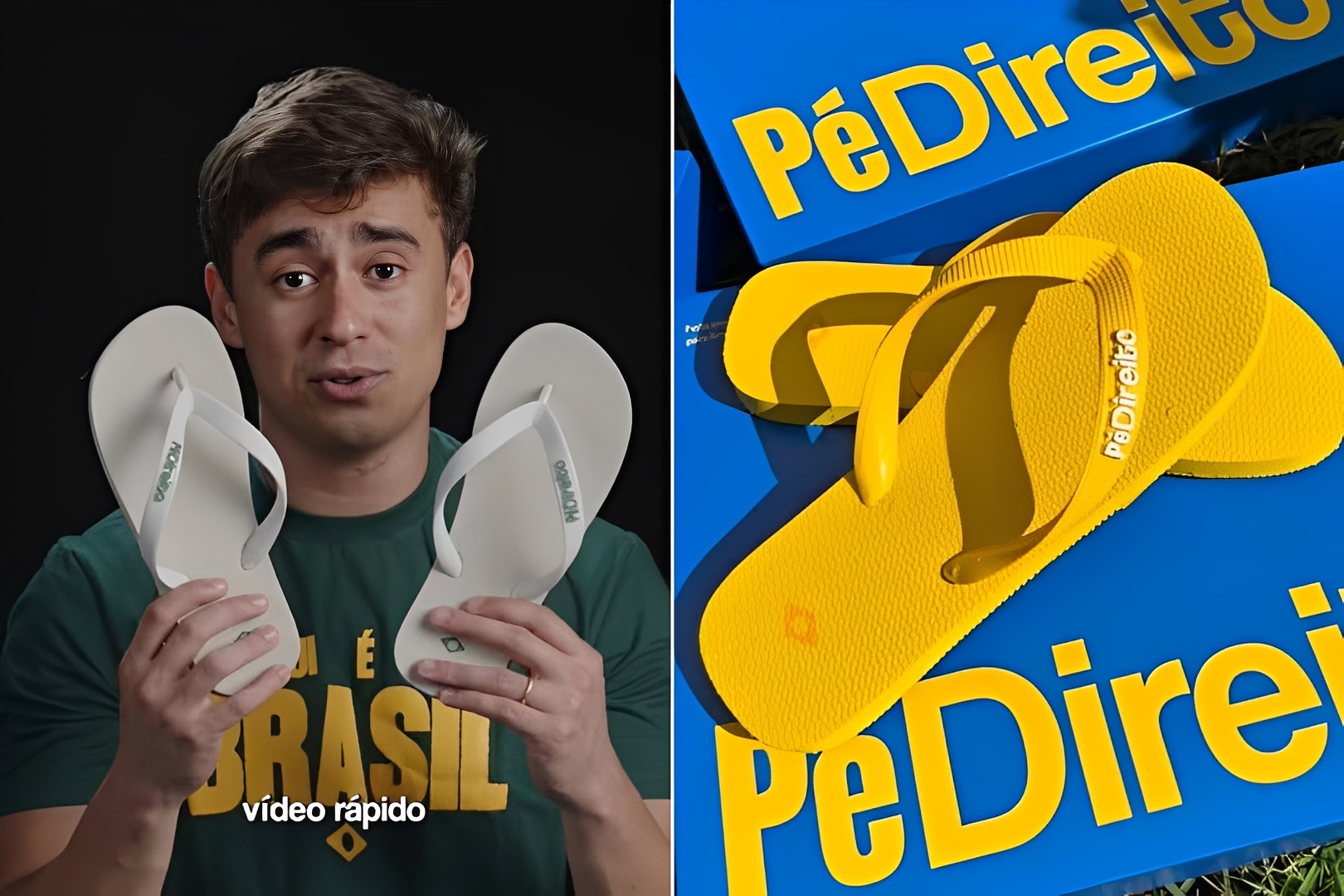 Coleção de chinelos Pé Direito com caixas azuis e dourado